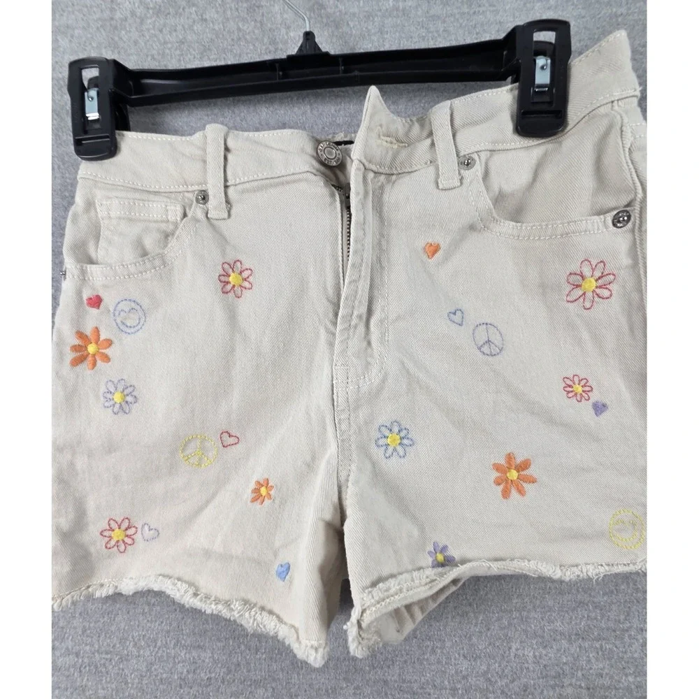 Gap Denim Girls 14 Mom Jean Shorts Khaki Embroidered Flowers Boho Festival
